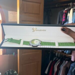 Geneva Silver Case Watch with Green Strap